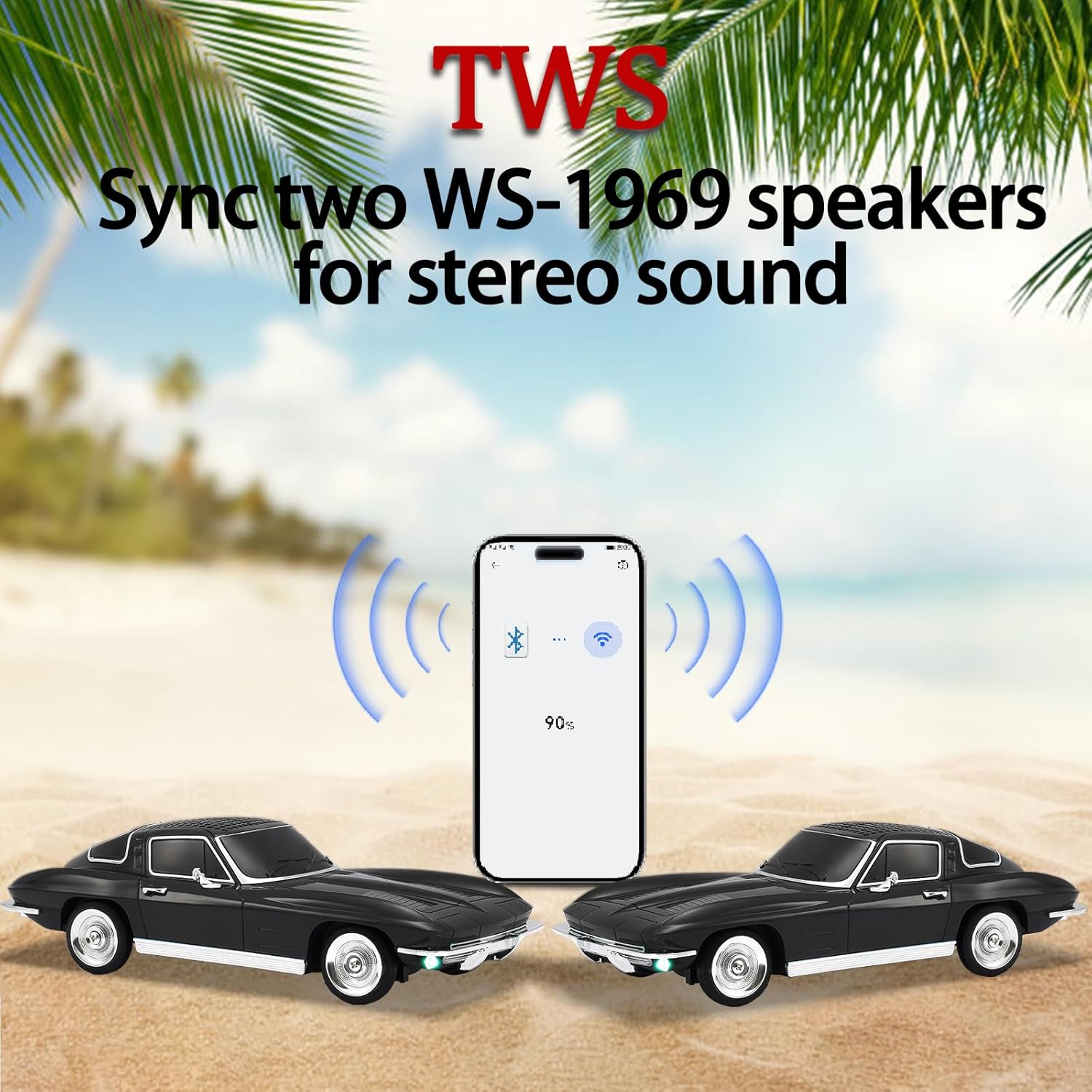 WSTER WS-1969 Retro Sports Car Bluetooth Replica Speaker – Portable Wireless Model with HD Sound, TWS Stereo Pairing, FM Radio, USB/TF Playback, LED Headlights & Taillights, Built-in Mic (Black)