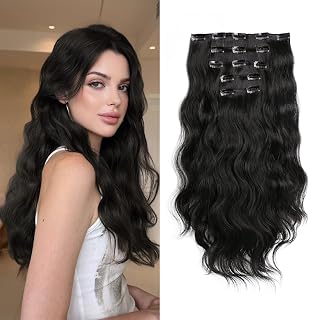 18 Inch Wavy Clip in Hair Extensions Long Synthetic for Women Thin | 5PCS Clips on HairPieces Curly Invisible Thick Full Head Heat Resistant for Weddings Party Daily Gift Use 6 Oz Natural Black