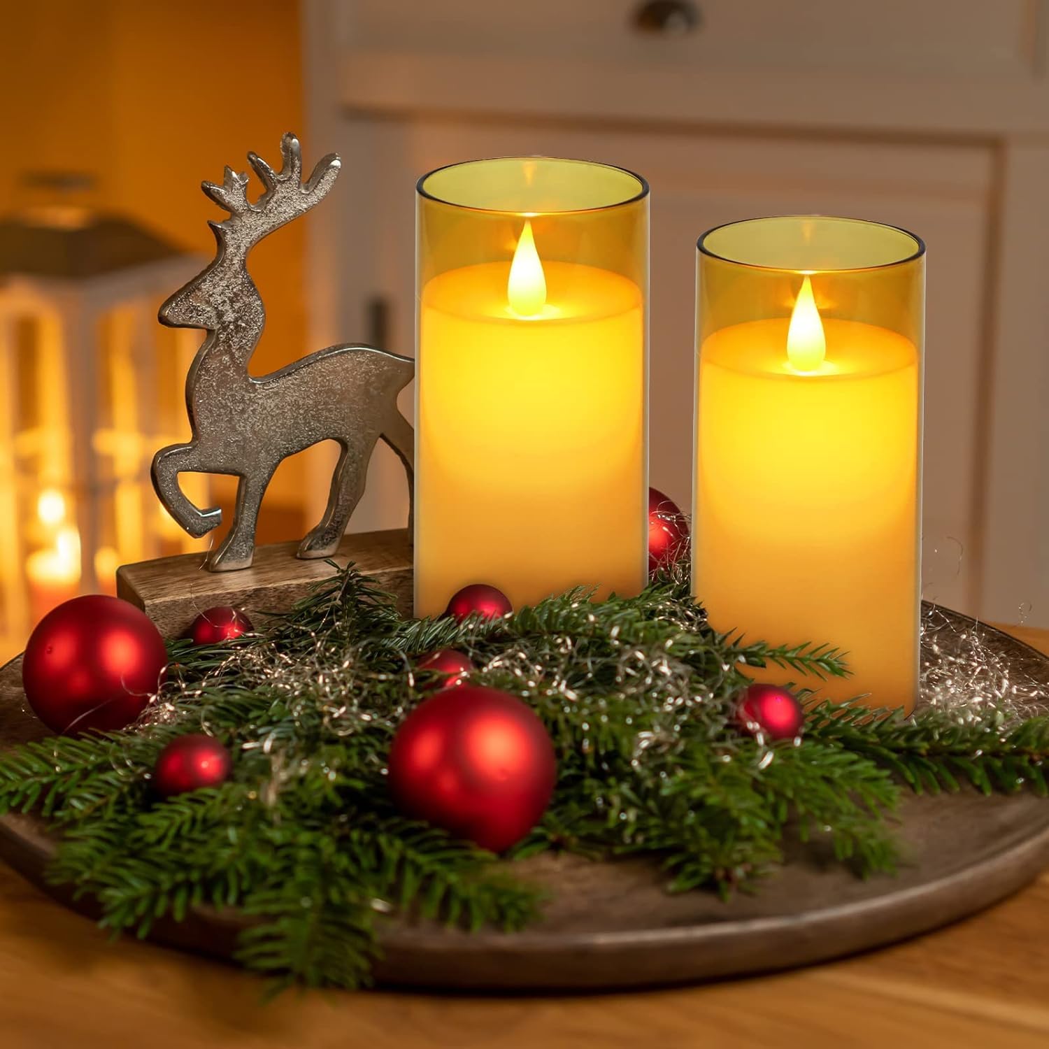 FYCAN Moving Flameless LED Glass Pillar Candle 3xAAA Battery Powered Flickering Effect Real Wax with Faux Wick Moving Flame Single Steady Candle Light, Remote Controller 3