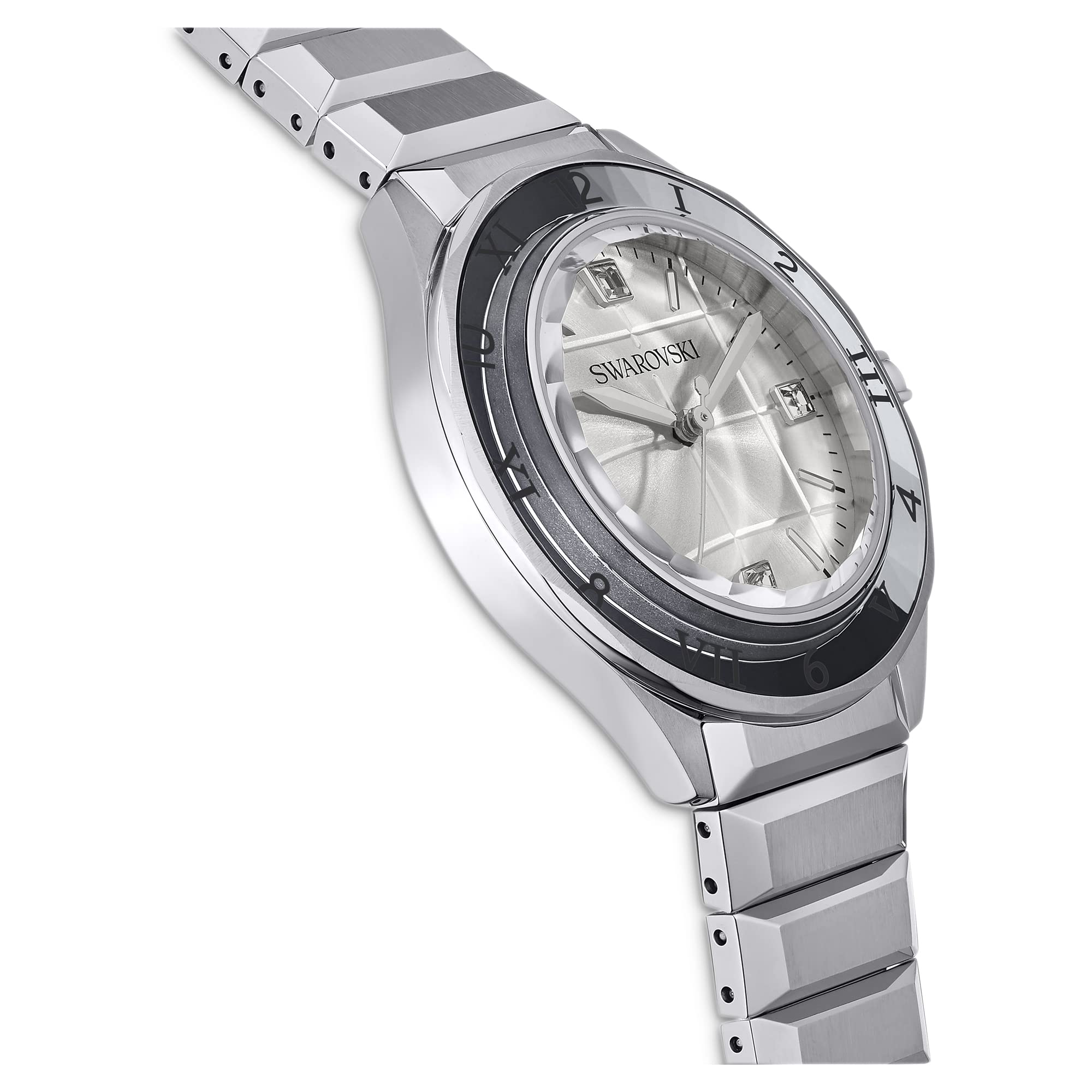 Swarovski Dextera Uhr, Edelstahl Damenuhr mit Silberfarbenem Gehäuse und Zifferblatt, Swarovski Kristallen und Metallarmband