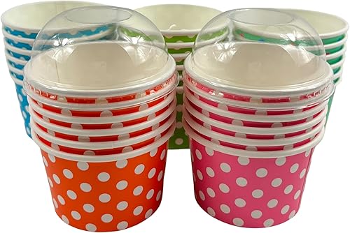 HongRun - Tazas de helado de papel de 5 onzas 30 unidades con tapa vasos de postre desechables Sundaes Souffles tazas de helado tazas de aperitivos