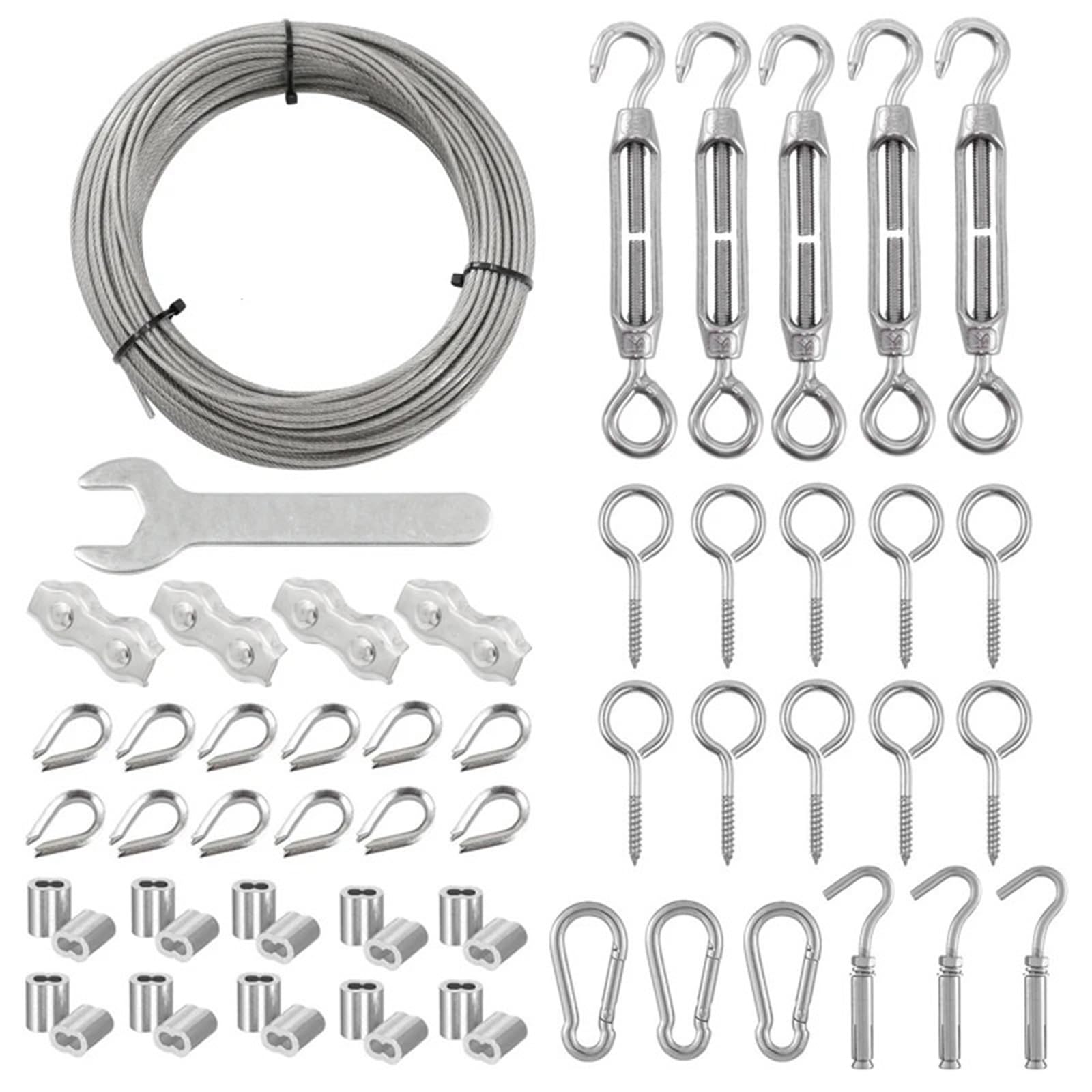 Kit Cable INOX 1 Jeu de câbles métalliques Robustes de 30 mètres, en Nylon Enduit 304, en Acier Inoxydable de 2mm, dé à Coudre M2 avec tendeur à sertir en Aluminium