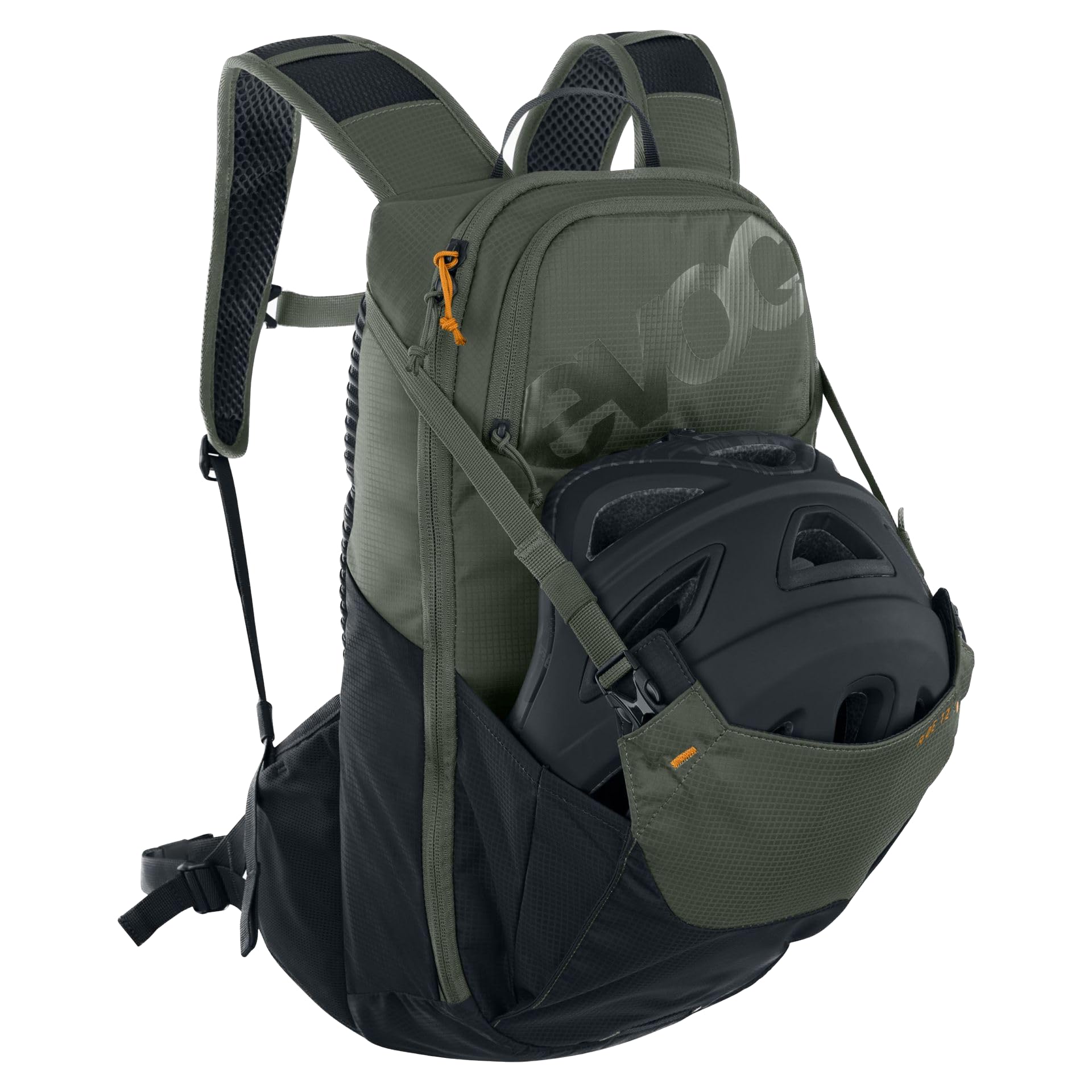 EVOC RIDE 12 Protektor Fahrradrucksack, Trekkingrucksack für Trails & Alltag (cleveres Taschenmanagement, AIR-PAD-Rückenpolsterung, Helmhalterung, Backpack inkl. 2l Trinkblase), Dunkeloliv/Schwarz