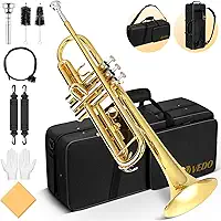 instrumentos musicais (Trompete),Bb para Iniciantes - Latão Amarelo com Boquilha 7C, Estojo Rígido, Kit Limpeza e Som Brilhante Ideal para Bandas Escolares e Samba no Brasil