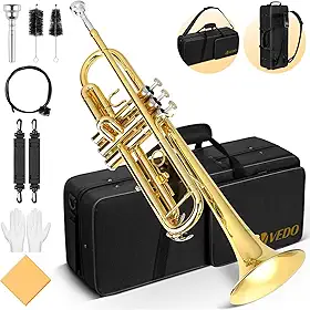 instrumentos musicais (Trompete)，Bb para Iniciantes - Latão Amarelo com Boquilha 7C, Estojo Rígido, Kit Limpeza e Som Brilhante Ideal para Bandas Escolares e Samba no Brasil