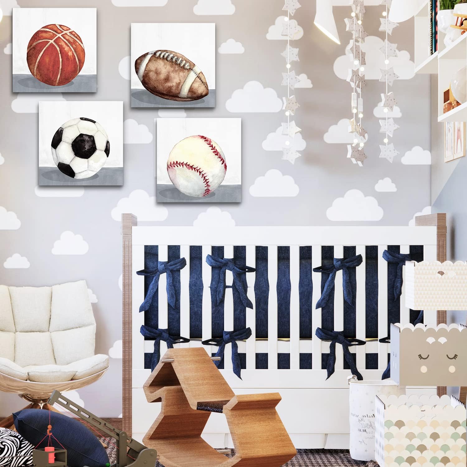 Boys Room Wall Decor Sports Decor for Boys Bedroom Rustic Soccer Football Baseball Basketball Canvas Pictures Kids Wall Art Vintage Ball Painting Nursery Playroom Artwork Home Decorations 12x12" 4 Pcs