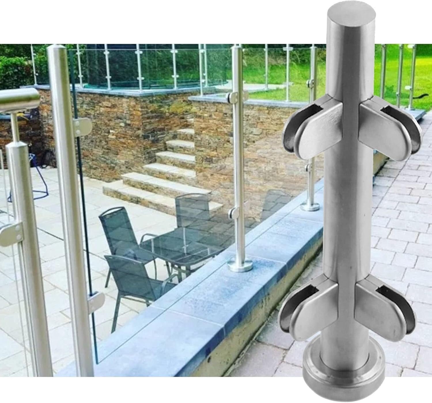 Pręt mocujący do ogrodzenia szklanego, słupki do balustrady szklanej, słupek balustrady ze stali nierdzewnej do zewnętrznego ogrodzenia szklanego na balkon/taras/basen (słupek narożny, 85 cm