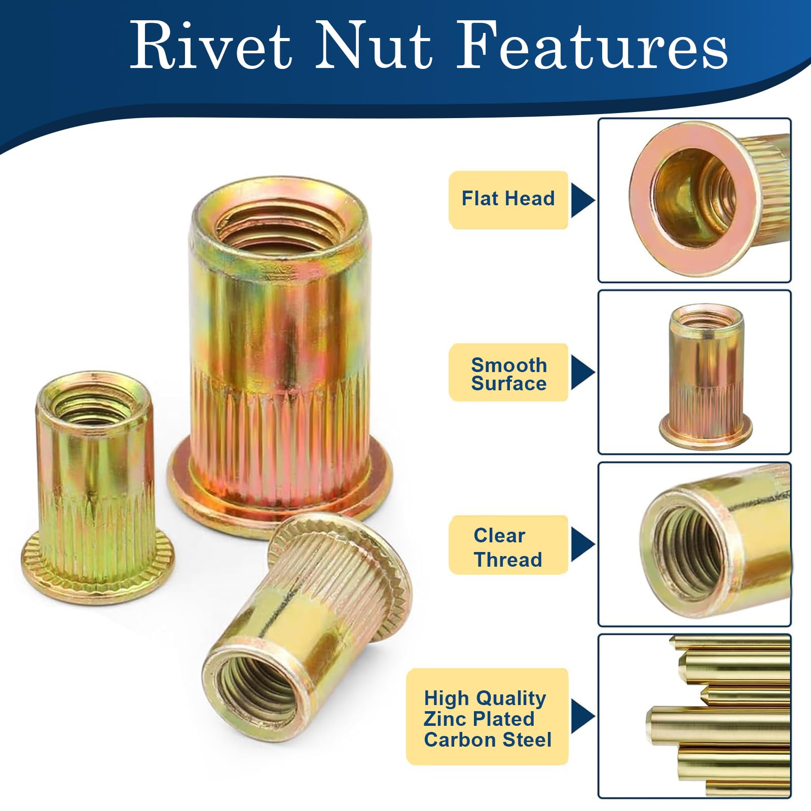 Vifmy 1/2''-13 UNC Rivet Nut, 19Pcs Zinc Plated Finish Carbon Steel Flat Head Threaded Insert Nutsert Kit - Image 4