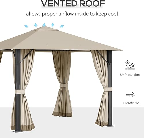 Miniatura 3 de Outsunny Cenador de patio de 10 x 10 pies, marco de aluminio, refugio para exteriores con paredes laterales, techo ventilado para jardín, césped,