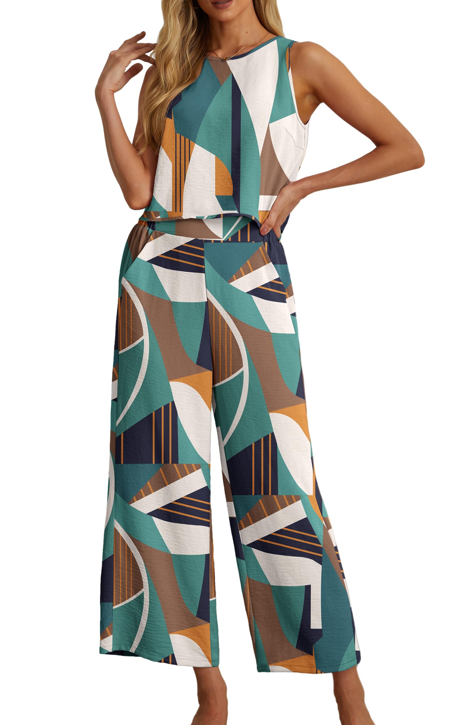 IWOLLENCE Women's Summer 2 Piece Outfits Set Round neck Sleeveless Tank Crop Top Wide Leg pants Set Pockets Jumpsuits