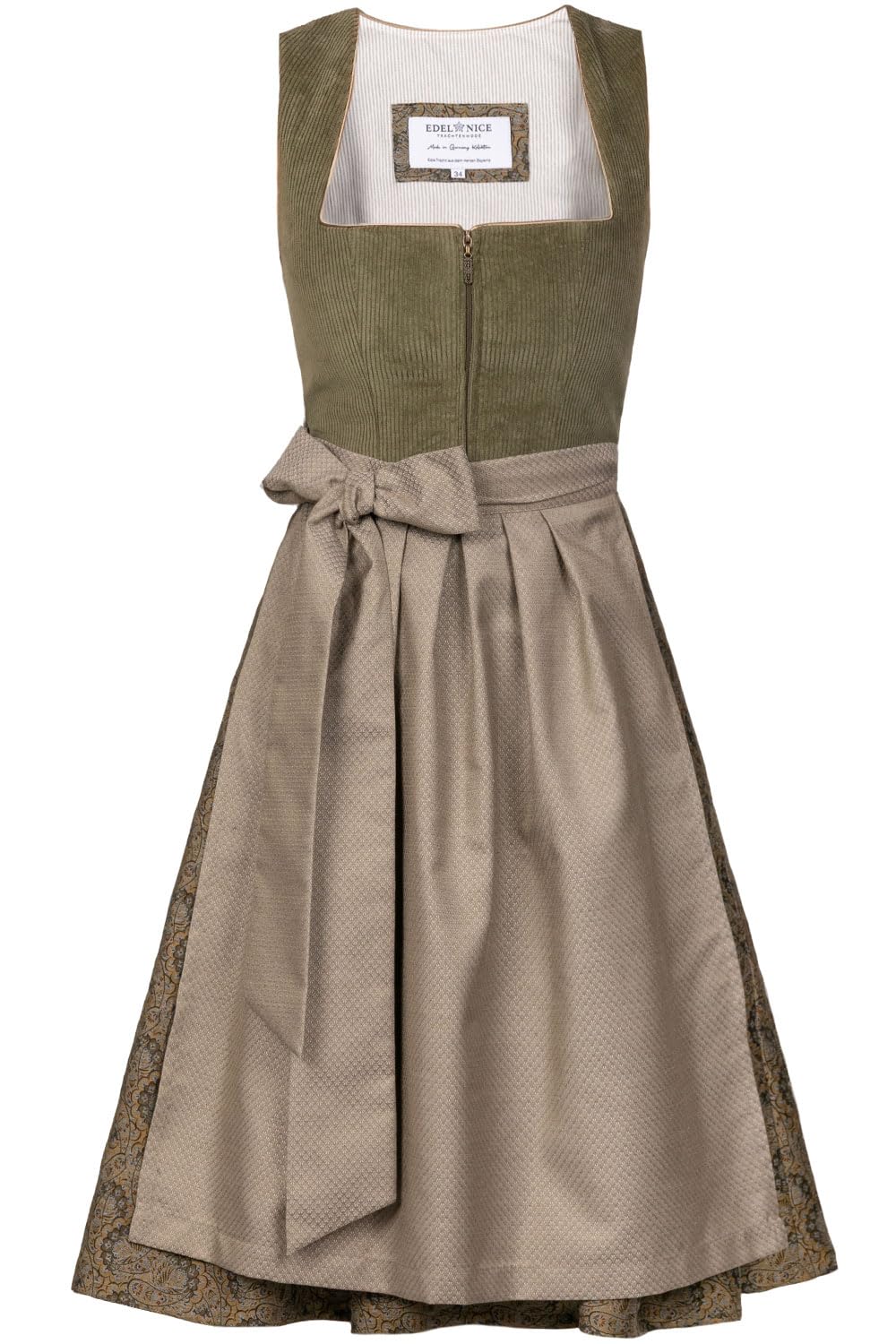 Edelnice Trachtenmode Dirndl Emilia Midi Grün Cord inkl. traditioneller Dirndlschürze