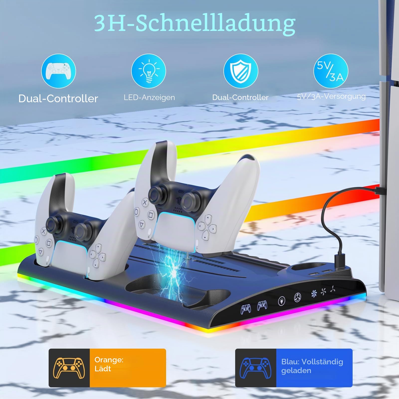 PS5/PS5 Slim Ständer mit 3 Stufigem Lüfter und RGB-Licht, 3 USB-Ports/Controller-Ladestation/Headset-Halter/Remote-Steckplatz/13 Spiele-Aufbewahrung