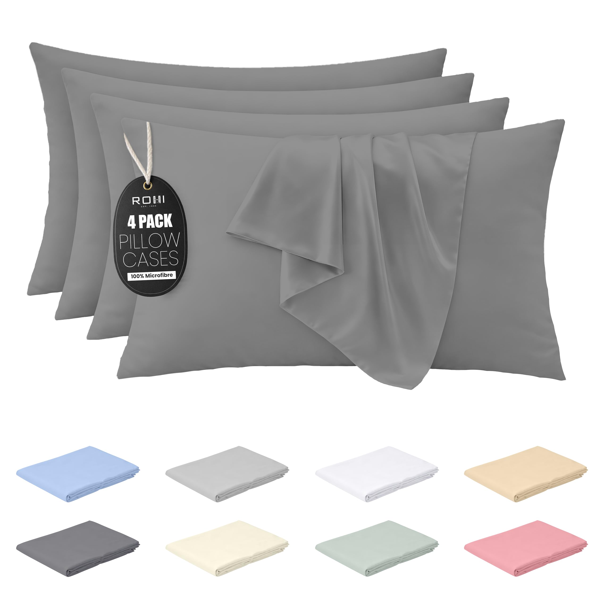 Rohi Grey Microfibre Pillowcases 4 Pack – Soft & Smooth Envelope Closure Pillow Covers – Fade Resistant & Breathable Pillows Cases – Standard Size (50X75 Cm)