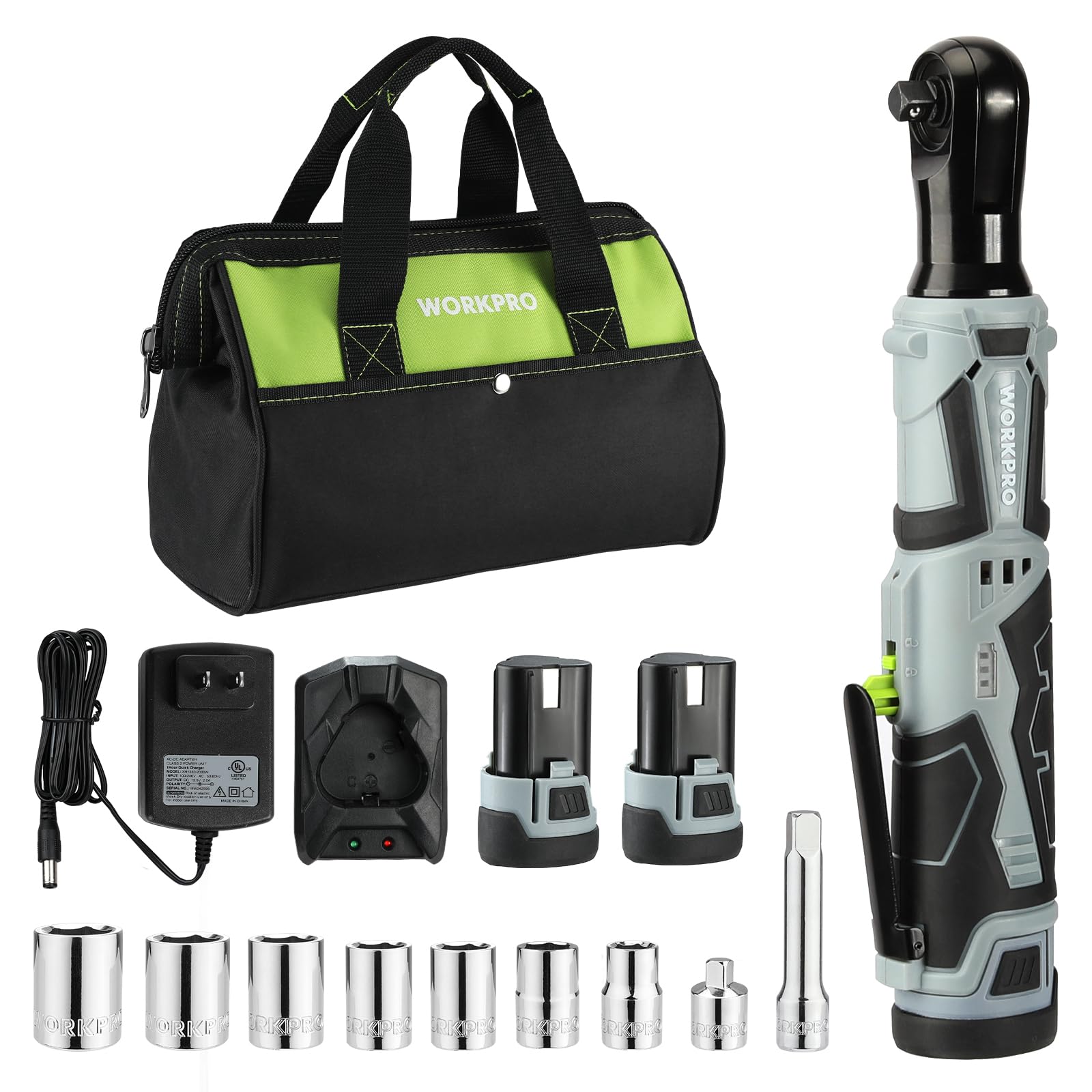 WORKPRO 12V Cordless Electric Ratchet Wrench, 3/8" 40 Ft-lbs Power Ratchet Wrench Kit with 9-Piece Socket Accessory Set, 2-Pack 2.0Ah Lithium-Ion