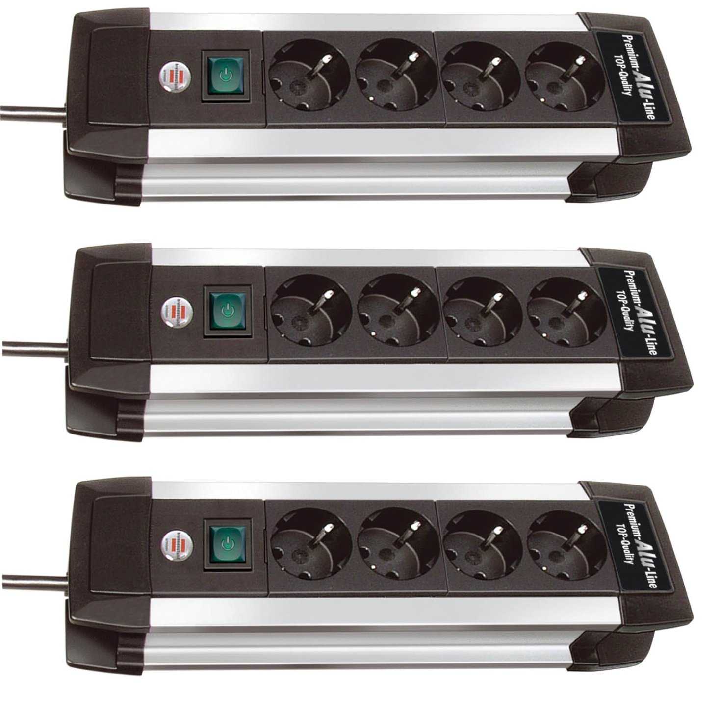 3er Sparpack Brennenstuhl Premium-Alu-Line Steckdosenleiste mit Schalter 1391000014 (4-Fach, 3er Set | Silber/Schwarz)