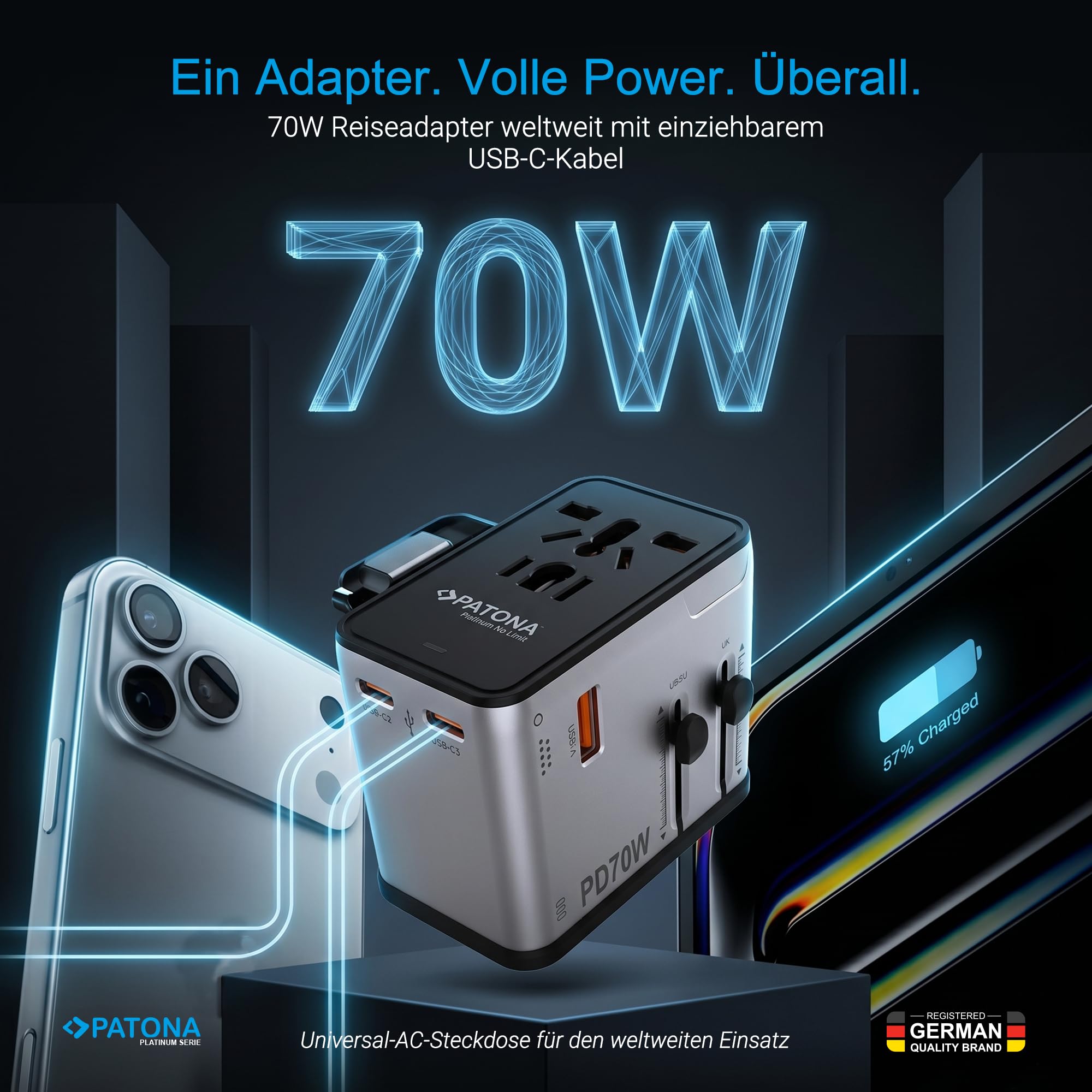 PATONA Reiseadapter Weltweit 70W GaN mit Magnetischer Kabelrolle | Universal Adapter & Reisestecker mit 3 USB-C PD + 1 USB-A QC | Travel Adapter USA, England, Japan, EU 150+ Länder