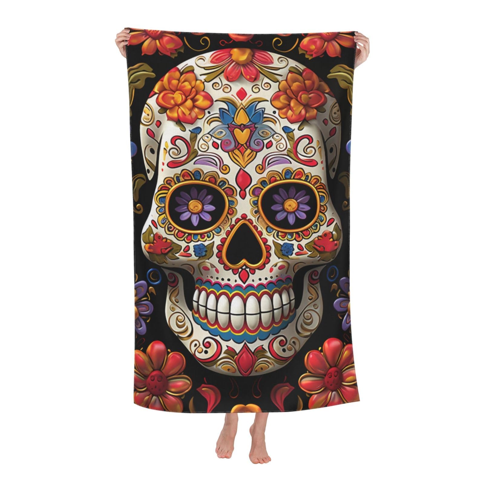 FodPand Sugar Skulls Beach Towel Oversized 52 x 32 in Sand Free Pool Swim Towels for Adult Travel Blanket Lightweight Quick Dry Absorbent Bath Towels Cruise Vacation Accessories