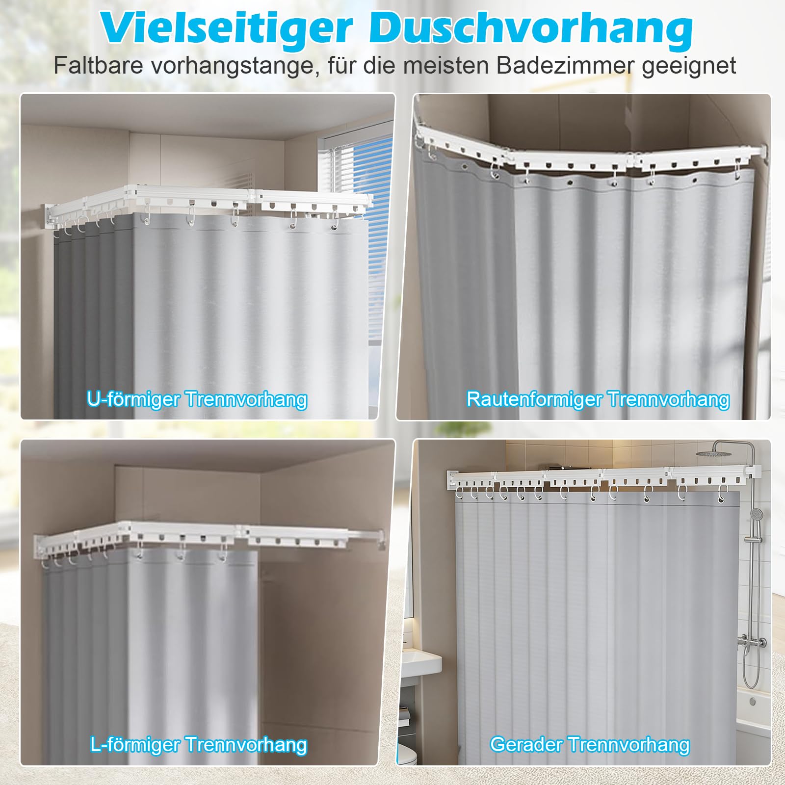 Faltbare Duschvorhangstange mit Duschvorhang, Duschvorhangstange ohne Bohren, Duschvorhang mit Stange, Wasserdicht L/U Form Duschstange für Ecke/Badewanne (Weiß, 4 faltbar)