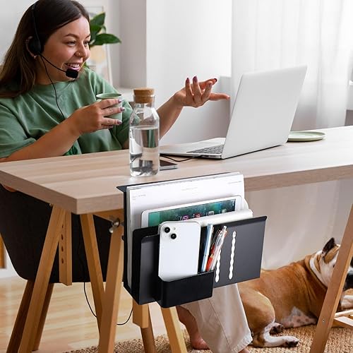 Miniatura 8 de Almacenamiento lateral de escritorio, soporte para laptop debajo del escritorio, almacenamiento de escritorio colgante de acero de 2 niveles,