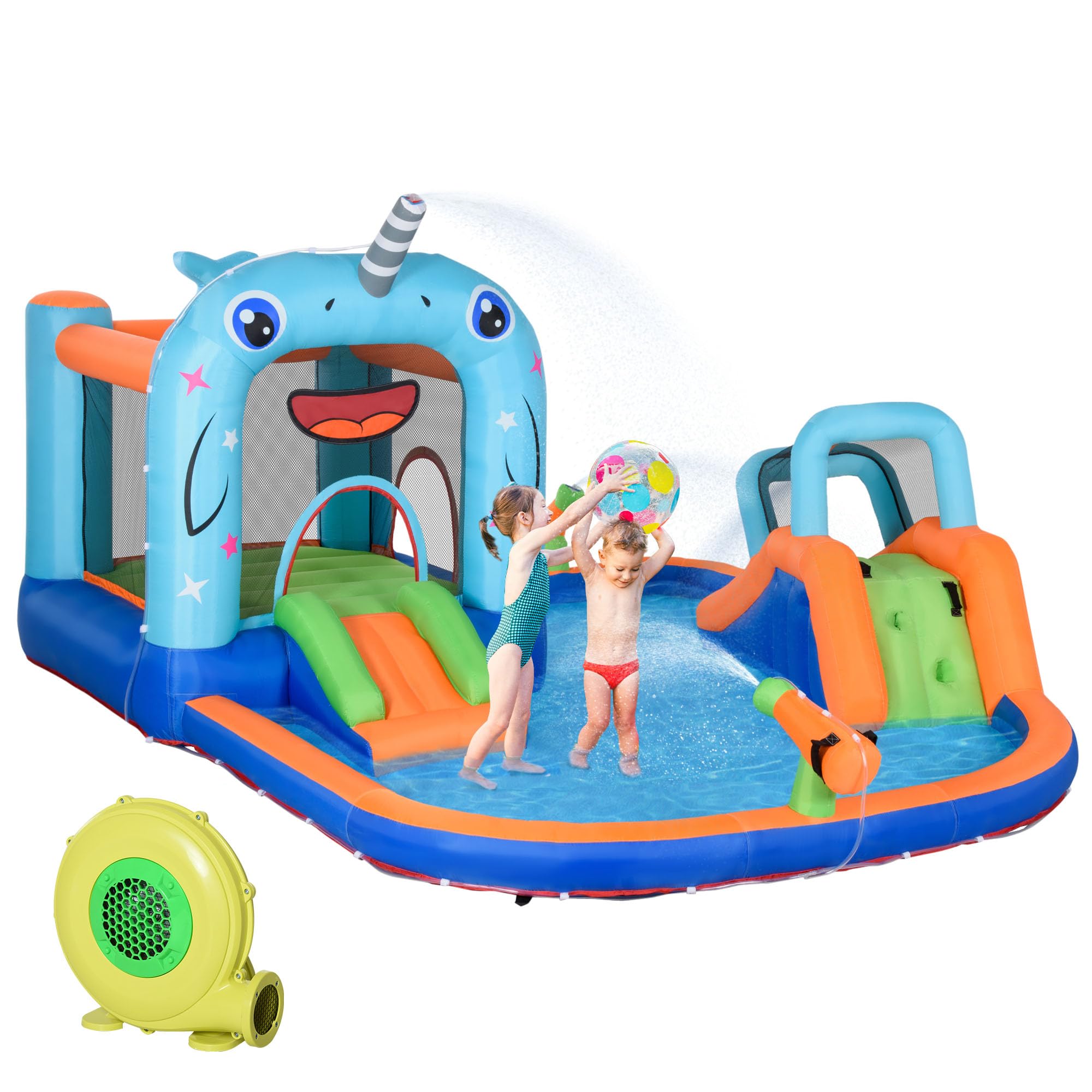 Outsunny Château Gonflable Structure Gonflable Aire de Jeux avec Pistolet à Eau Toboggan Trampoline piscines + 3-8 Ans avec gonfleur et Sac de Transport 420 x 370 x 230 cm - Multicolore