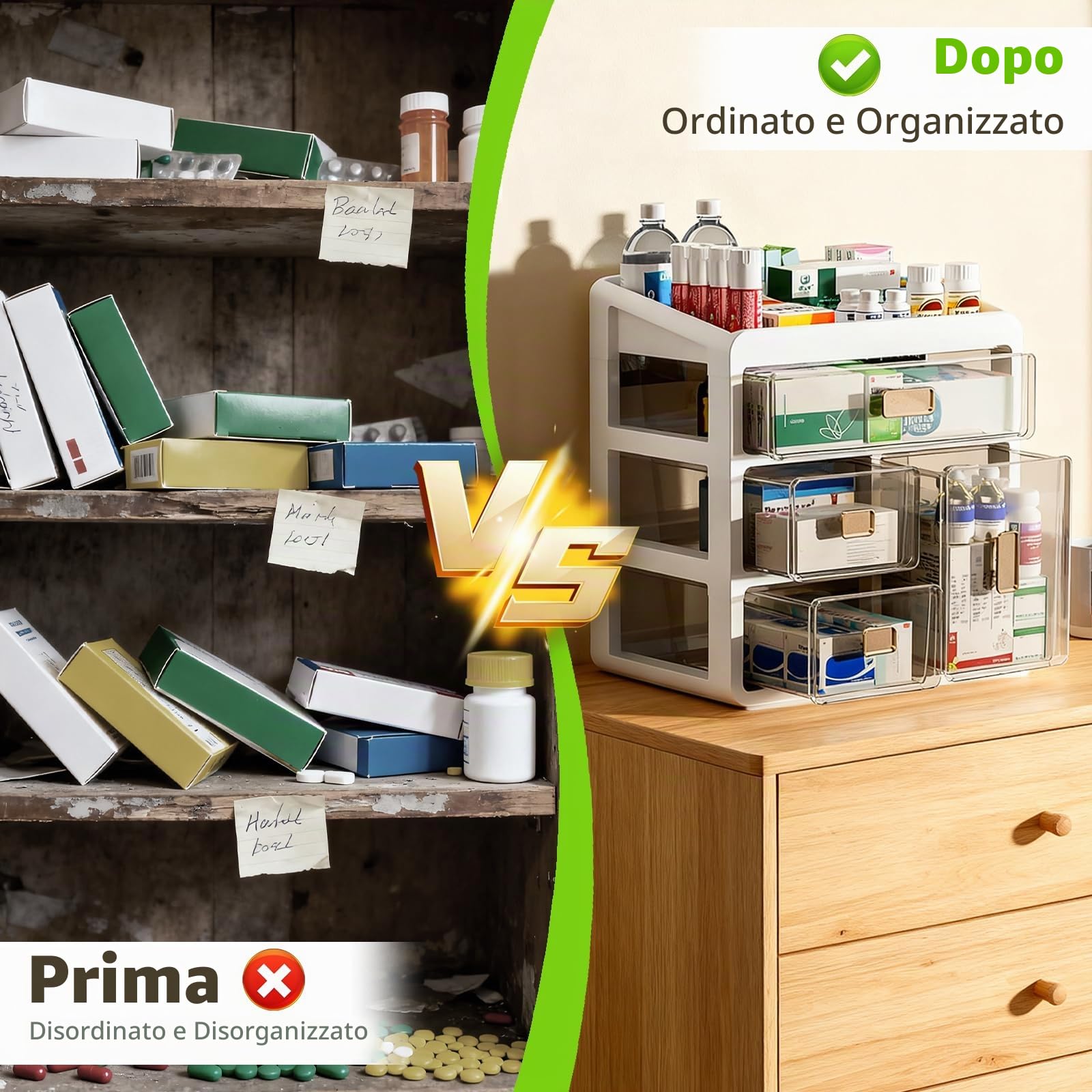 Organizzatore farmaci 4 Livelli in plastica Resistente | Trasparente, senza montaggio, Cassetti trasparenti, struttura integrata, pronto all'uso – ideale per casa e ufficio