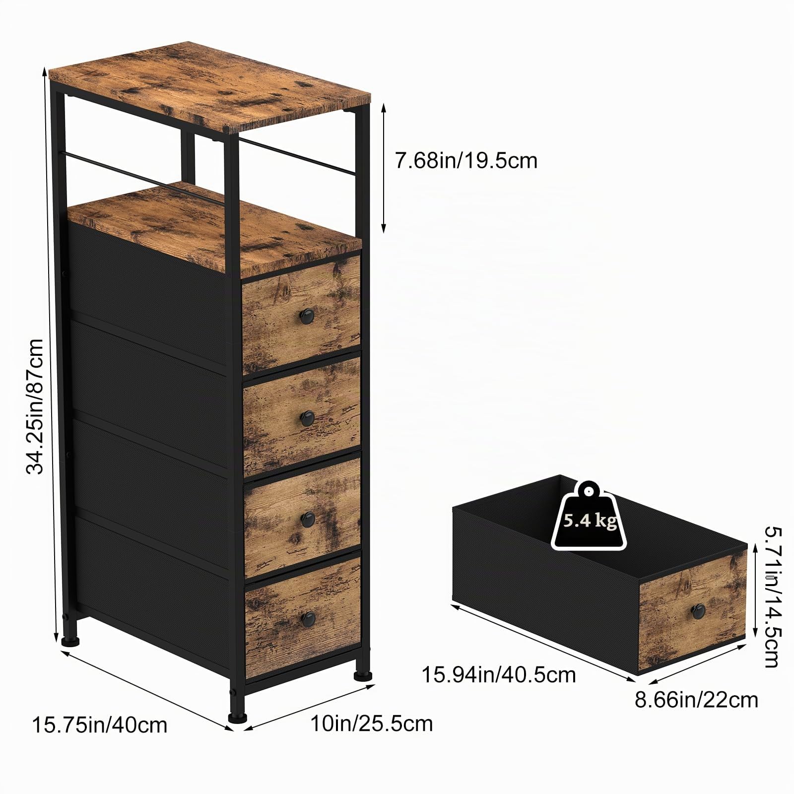 CADUKE Cómoda estrecha, torre de almacenamiento de 4 cajones, marrón rústico | Parte superior de madera, marco de metal resistente, cajones delgados para dormitorio, baño, sala de estar