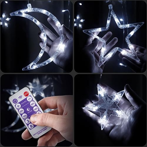 Miniatura 2 de Guirnalda de luces solares con diseño de estrella y luna, 138 luces LED blancas con 8 modos de iluminación, ajuste de atenuador, ajuste de brillo,