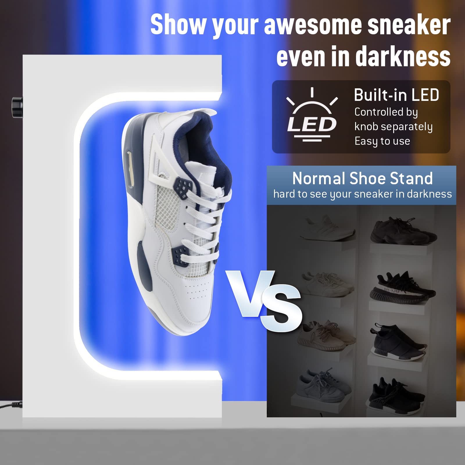 Alheka Levitating Shoe Sneaker Display, Magnetic Floating Shoe Display, Shoe Levitation with Separation Control on LED Light for Sneaker from 200-650g, Gift for Sneakerhead??êWhite with Shoe Stretcher??ë