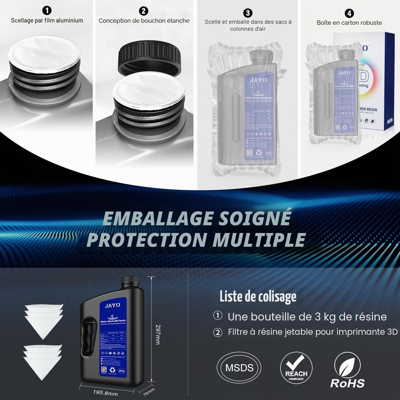 JAYO Résine ABS-Like Lavable à l'Eau 3KG, Résine d'Imprimante 3D 405nm UV Standard Résine Photopolymère Rapide pour Imprimante 3D LCD/DLP/SLA, Haute Précision, Non fragile, Faible Odeur, Gris Foncé