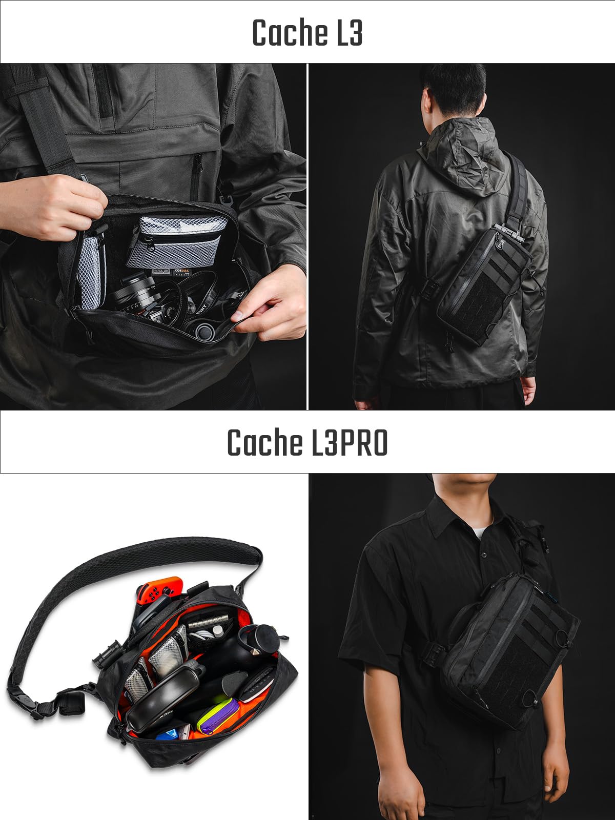 TACTICAL_GEEK Cache L3 Pro EDC torba na ramię, torba na klatkę piersiową z regulowanym paskiem, torba na ramię do codziennego użytku na zewnątrz i w podróży, duża pojemność, organizer na aparat, drony