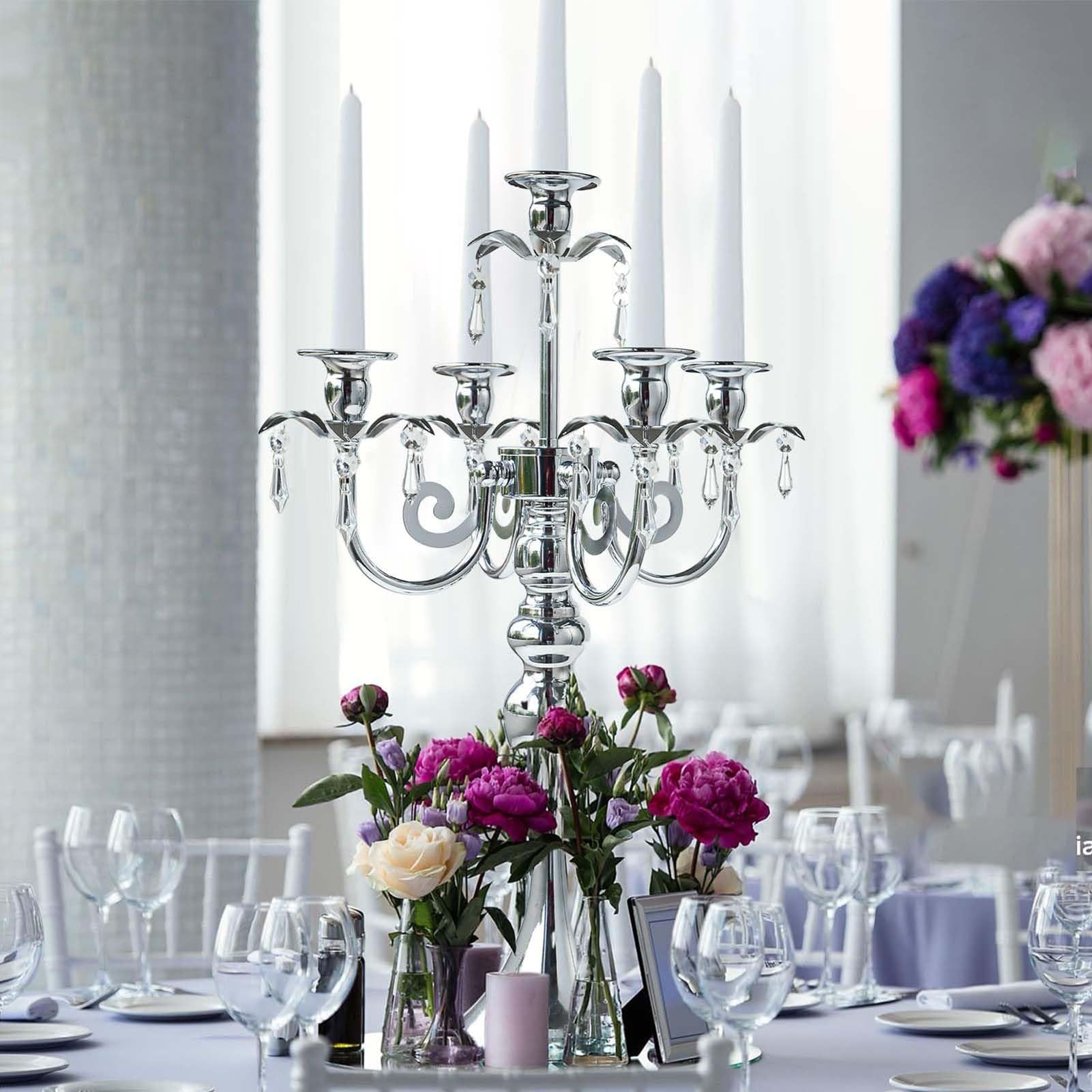 2 Pezzi Candelabro A 5 Bracci In Argento Per Centrotavola, Portacandele In Metallo, Candelabro Retrò Per Centrotavola Per Feste, Eventi, Casa, Decorazioni Per Matrimoni