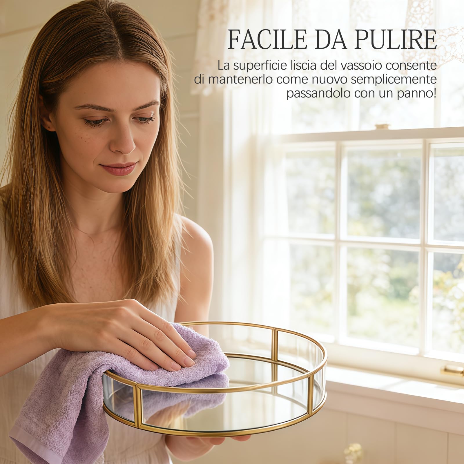 Vassoio Specchio Rotondo, Vassoio Portaoggetti di Metallo Vassoio da Bagno, Vassoio Decorativo Oro Porta Profumi per Vanità, Comò, Bagno, Camera da Letto (Dorato-A, 25L x 25l x 5H cm)