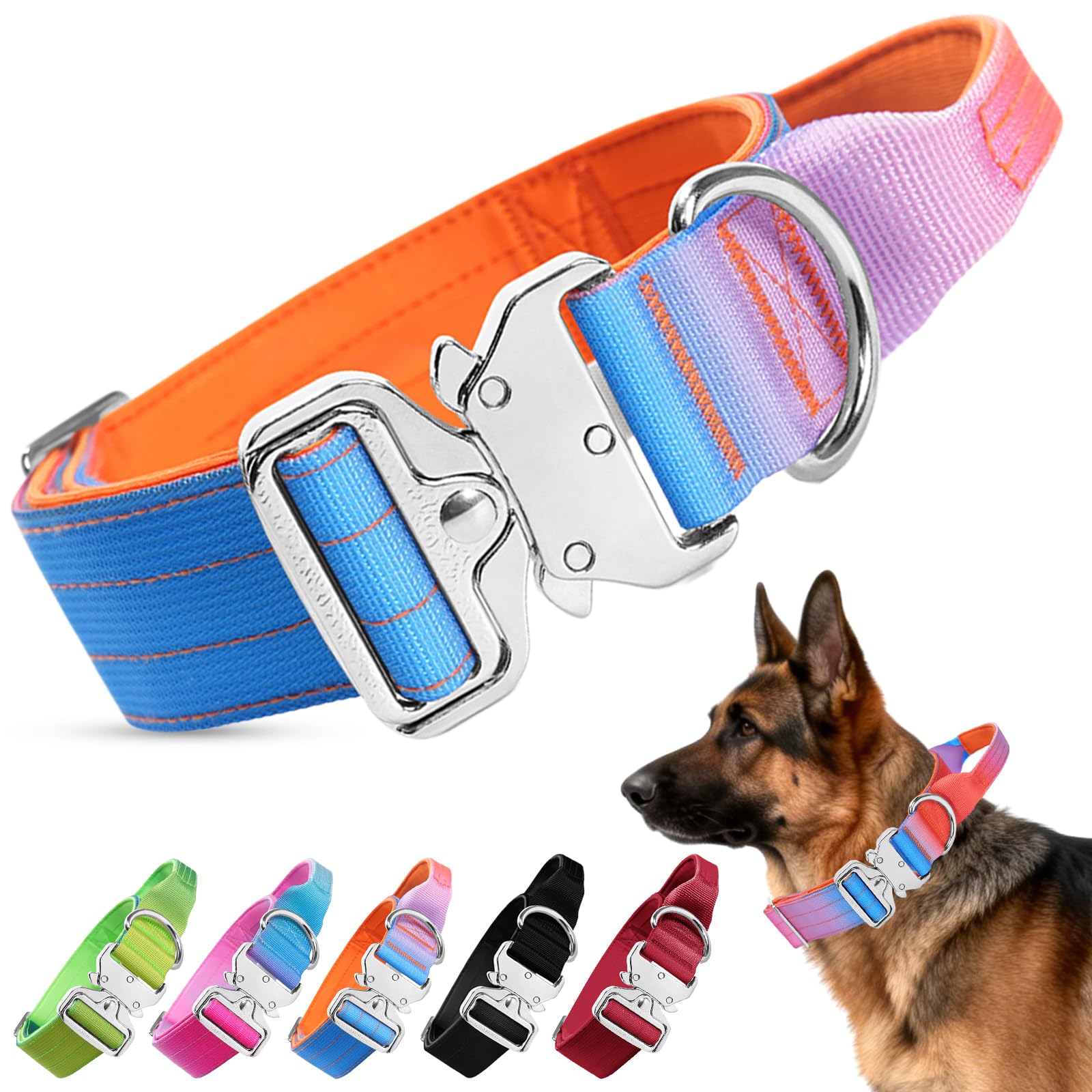 Ledeak Tactical Dog Collar, Soft Padded Nylon Military Adjustable Dog Collar with Handle and Heavy Duty Metal Buckle for Medium Large Dogs Hunting Training Outdoors (Orange Purple Blue Gradient, XL) — image 1