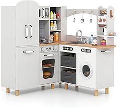 COSTWAY Kitchen Toy with Light and Sound, Children's Kitchen with Refrigerator, Coffee Maker, Washing Machine, Oven, Alcement Boxes and 12 Accessories, Children's Wooden Kitchen for Children 3+ Years