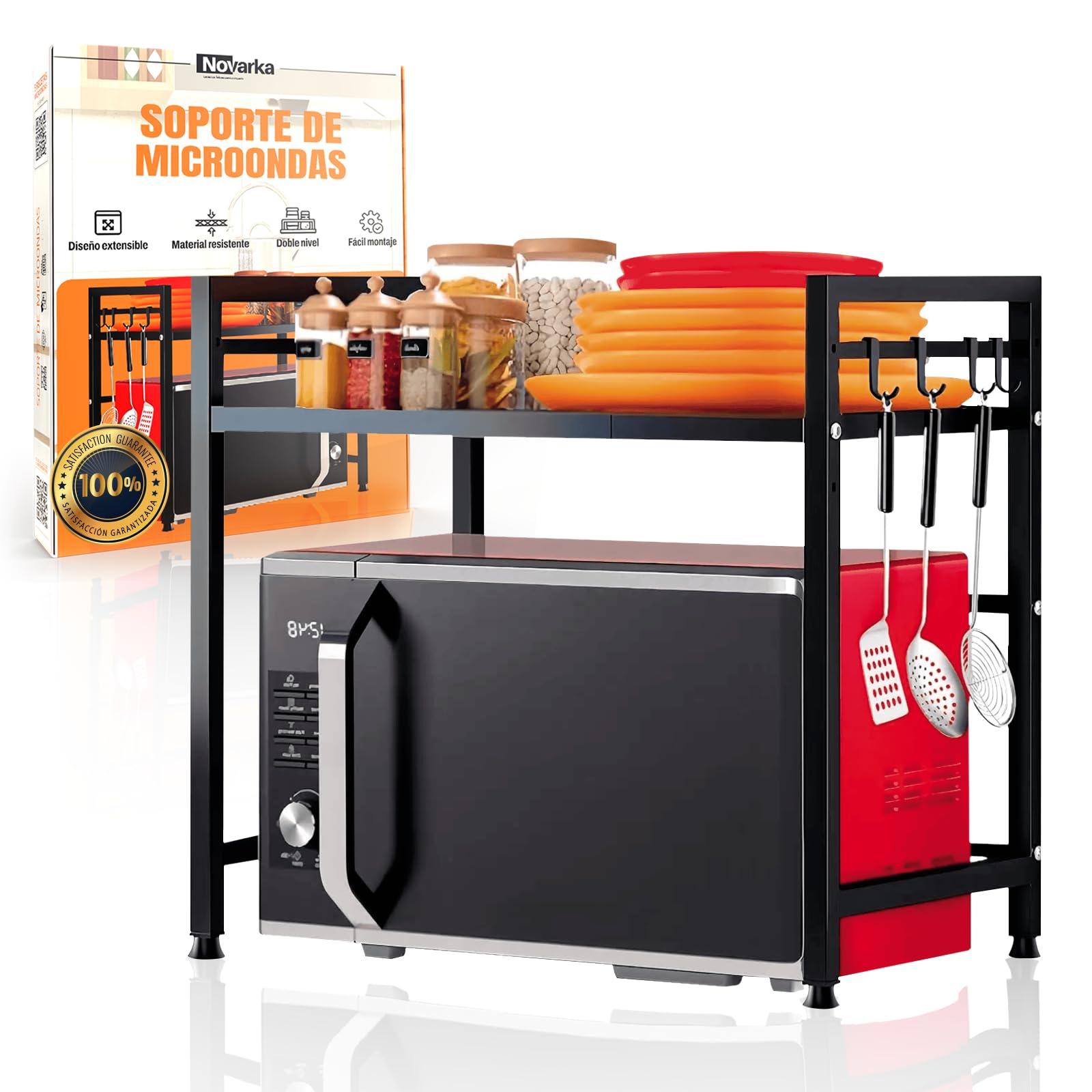 Novarka® Soporte Microondas PREMIUM | Soporte Extensible para Encimera Cocina | RANGO DE MEDIDAS EN IMAGENES| Incluye 4 Ganchos EXTRAS | Estante Microondas y Estantería Cocina.