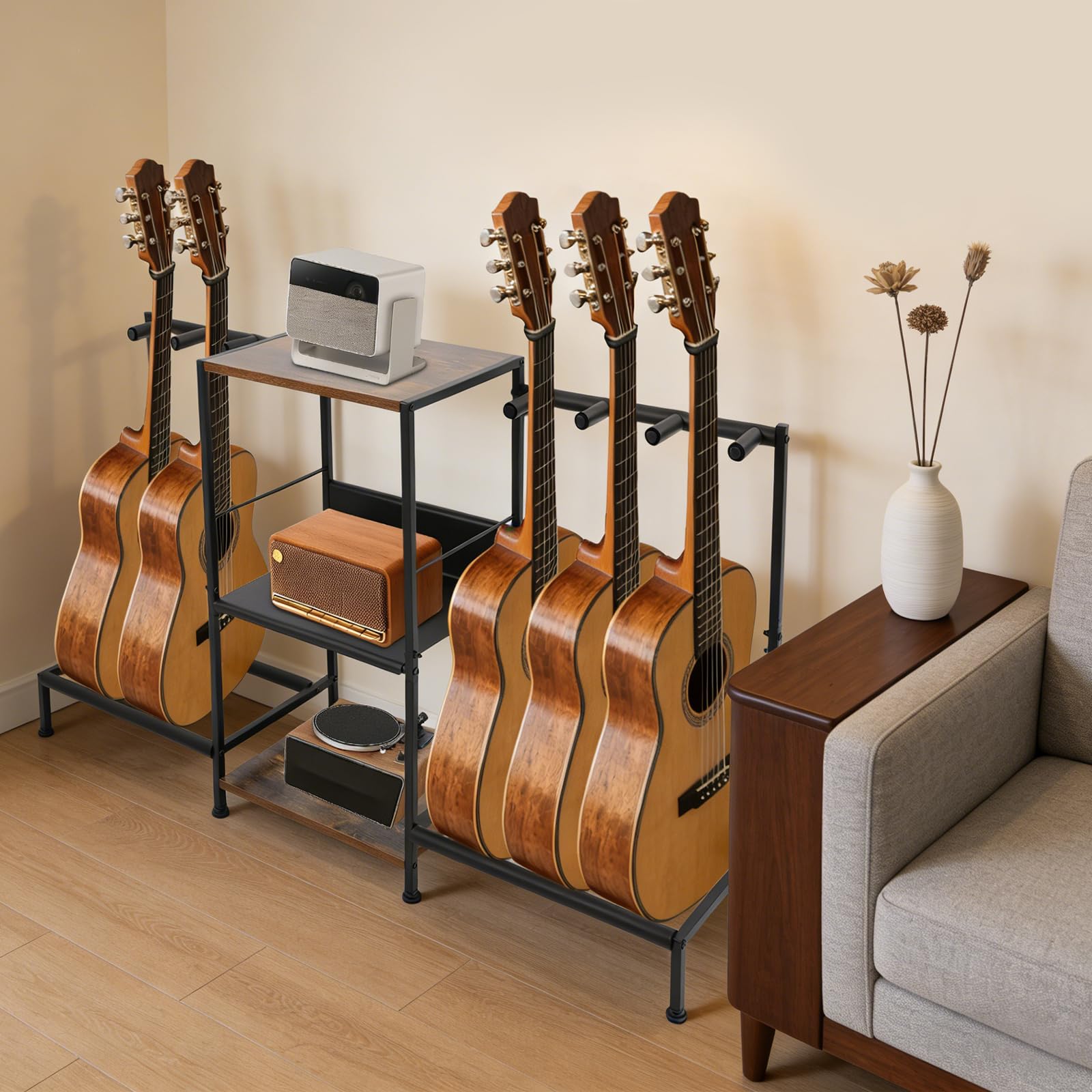 Stojący stojak na gitarę z 3 półkami, prostokątny, czarny, uchwyt na instrumenty gitarowe i akcesoria do instrumentów muzycznych, idealny do sal treningowych, studia nagrań, sklepów muzycznych