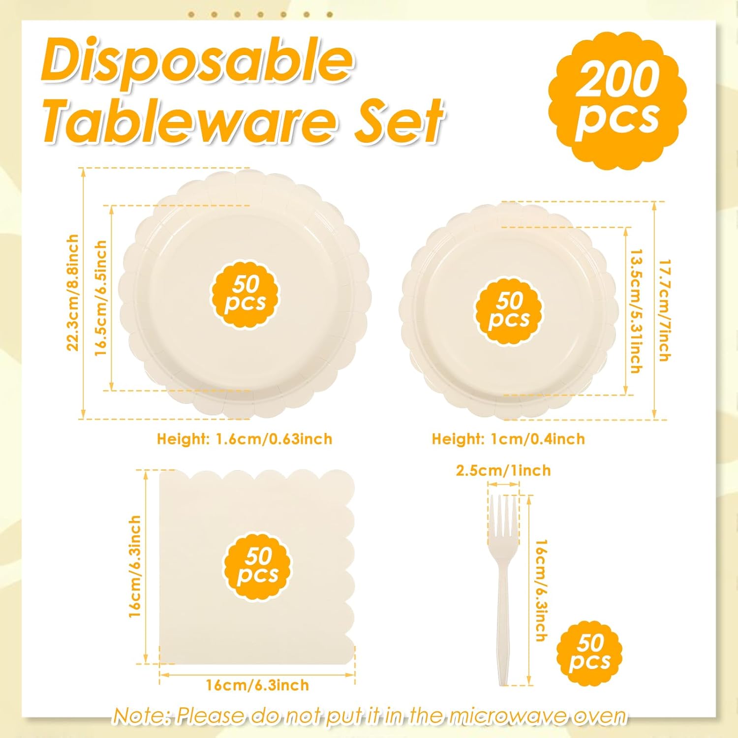 200Pcs Ivory Paper Plates and Napkins Set Party Supplies,Disposable Tableware set for Serves 50 Guest,Include 100 Scalloped Plates, 50 Napkins and 50 Forks Set for Bridal Shower Wedding Birthday Party