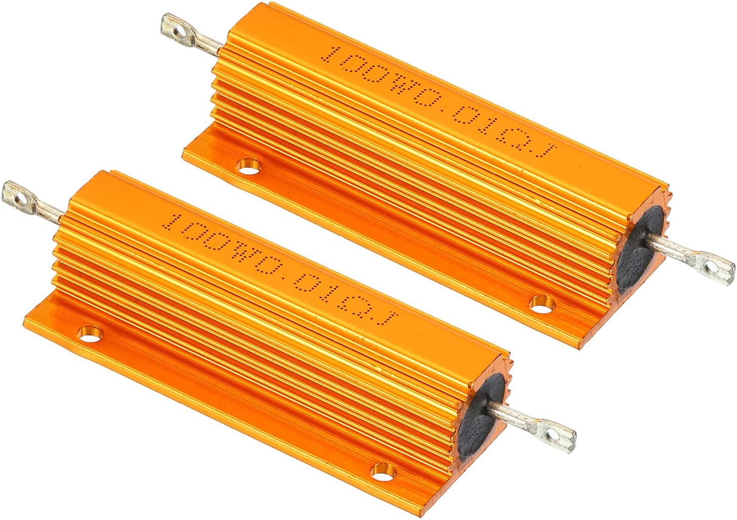PATIKIL 100W 0.01 Ohm Aluminum Shell Resistor, 2 Pack Aluminum Housing Resistor Housed Case Wirewound Resistors Screw Tap Power Resistor, Golden