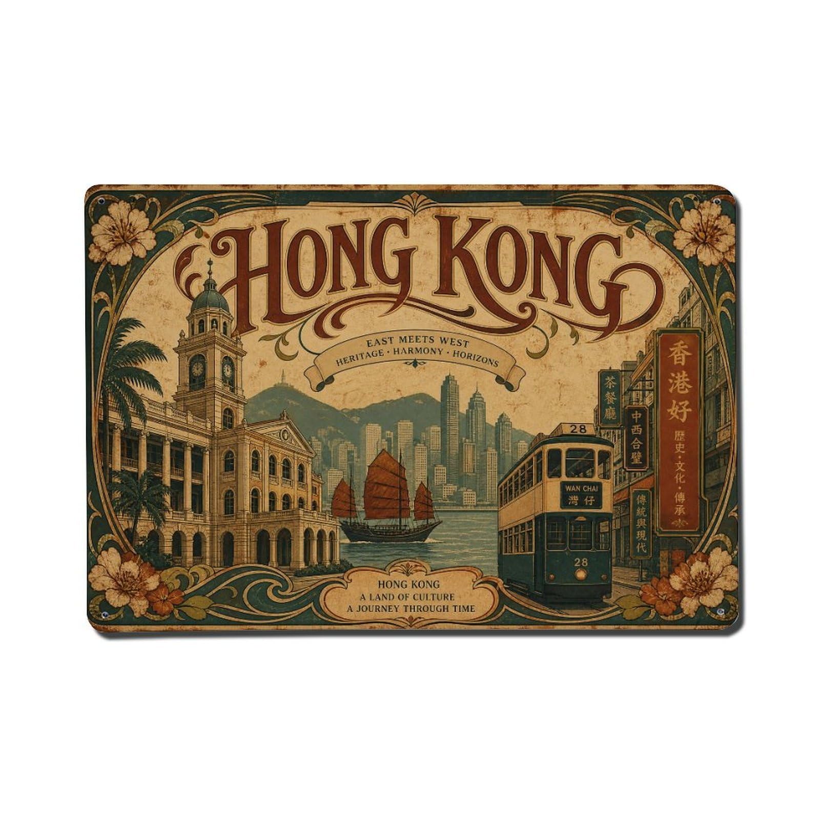 Huiyhb 8X12inch(20X30cm) Vintage Travel Hong Kong Heritage Metal Tin Sign
