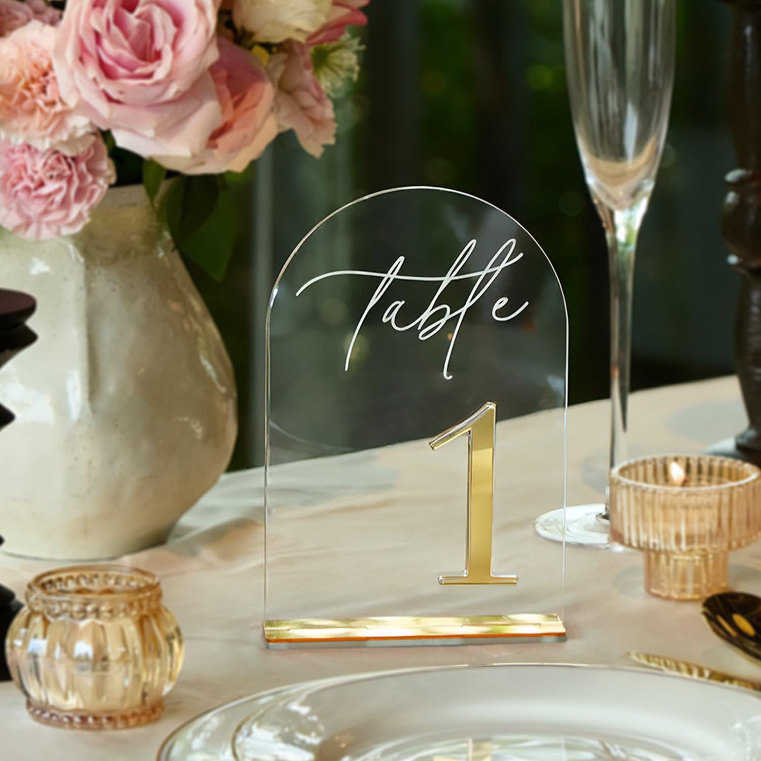 Photo 1 of Crystal Clear Acrylic Wedding Table Numbers 1-10 Set, Self-Standing Modern Arched Signs for Reception Seating, Anniversary & Bridal Shower, Elegant Wedding Decor (5x7 Inches)