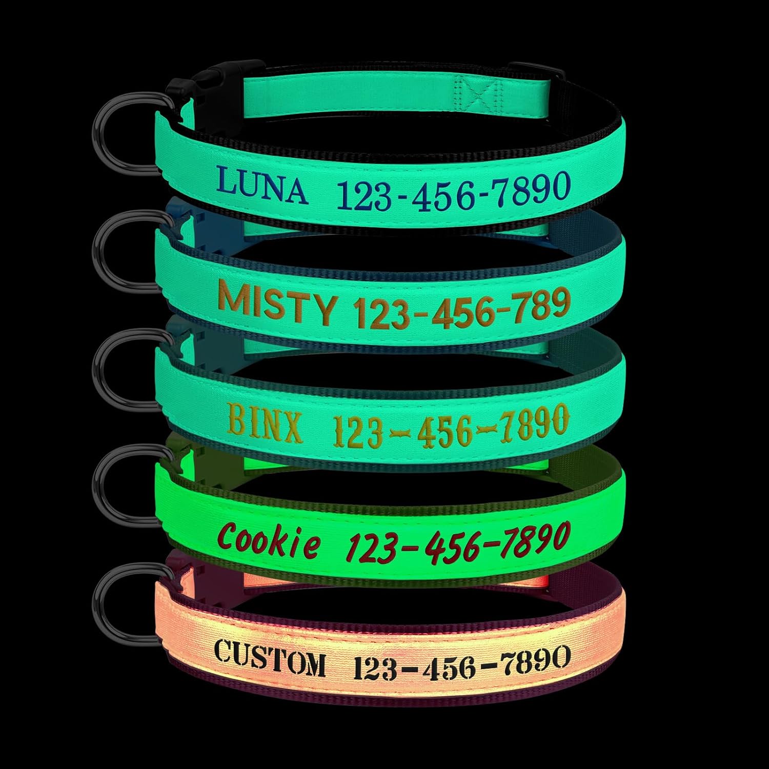 Personalized Dog Collars Glow in The Dark, Custom Embroidered Name & Phone Number Tags, Adjustable Luminous Collar for Small & Large Dogs (Fluorescent Glow)
