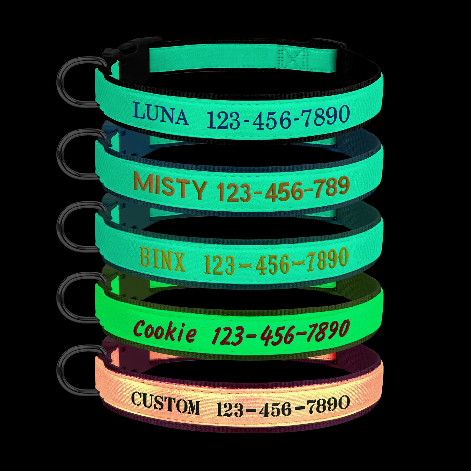Collar de perro personalizado que brilla en la oscuridad, bordado personalizado con nombre de mascota y número de teléfono, collar luminoso ajustable de seguridad nocturna para perros pequeños