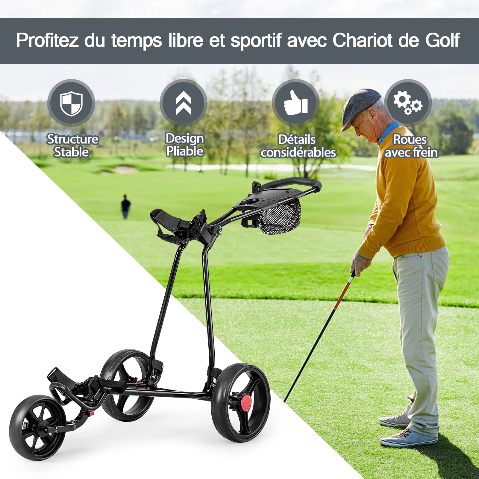 RELAX4LIFE Carrito de Golf Plegable en Marco de Hierro con 3 Ruedas y Frenos, Carro de Golf con Soporte para Teléfono, Titular de Paraguas y Asa Ajustable en Altura y Ángulo, 91,5x60x129,5cm, Negro