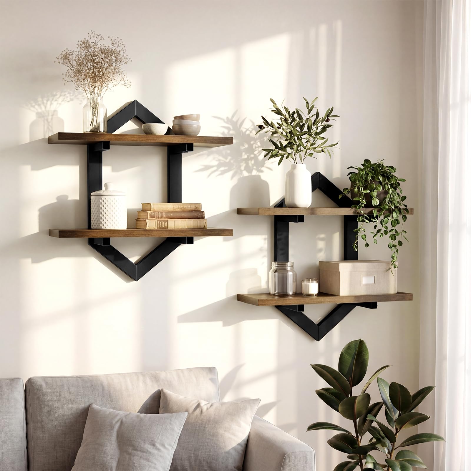 2er-Set Wandregal aus Holz und Metall, Schweberegal im Rauten-Design, Deko Regal für Wände, Vintage Hängeregal für Wohnzimmer, Schlafzimmer, Küche & Büro