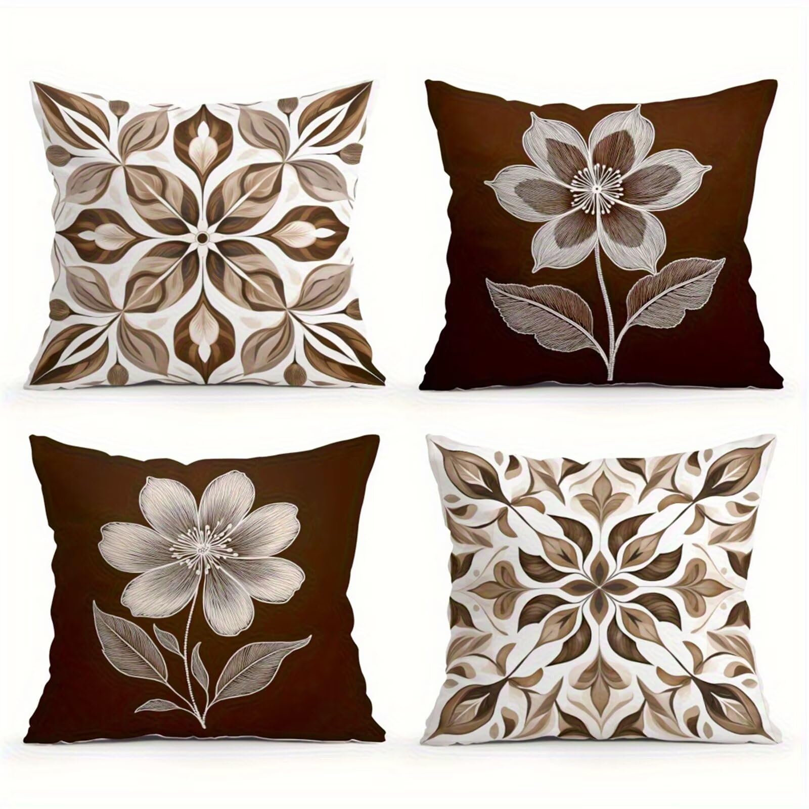 Housse de coussin en lin moderne fleur brune grand format carré 65x65