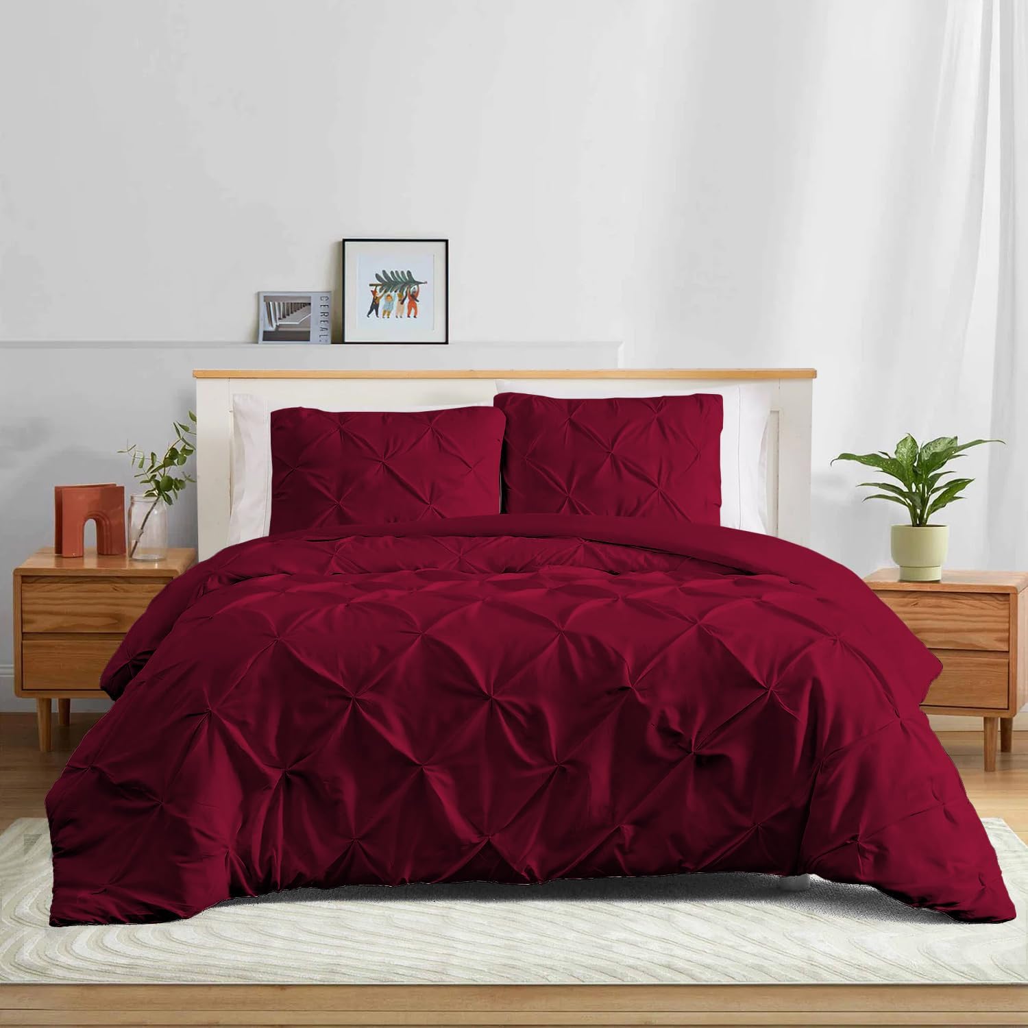 Wine Color Pinch Pleated Durable Soft Comfy 3-PCs Duvet Cover Set with Zipper Closure & Corner Ties, 600-TC Peruvian Pima Cotton California King Size (104" x 98")