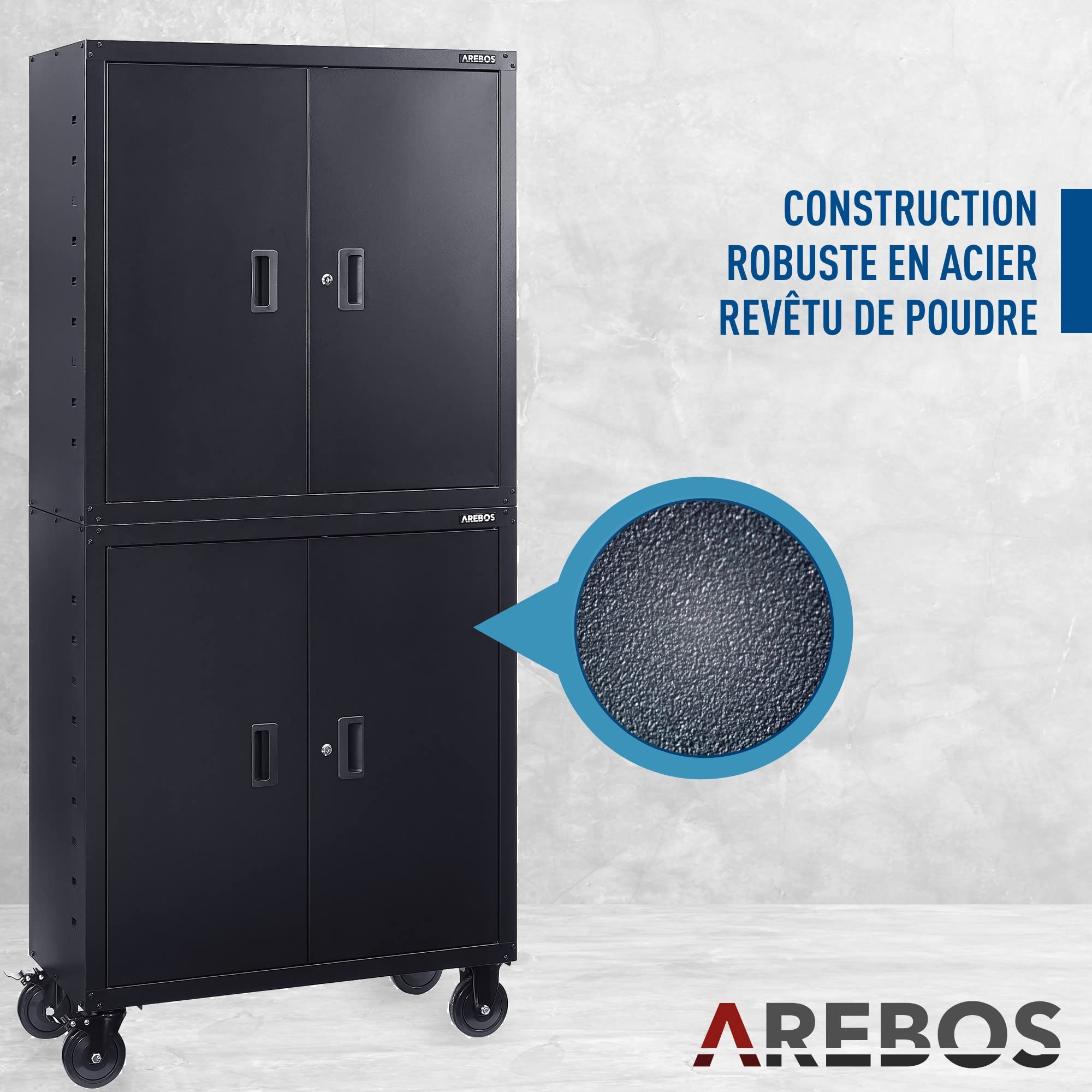 AREBOS Meuble de Bureau | Noir | 195 x 40 x 90 cm | Lot de 2 | 4 Portes | avec roulettes | Tablettes réglables en Hauteur | avec Serrure à Cylindre