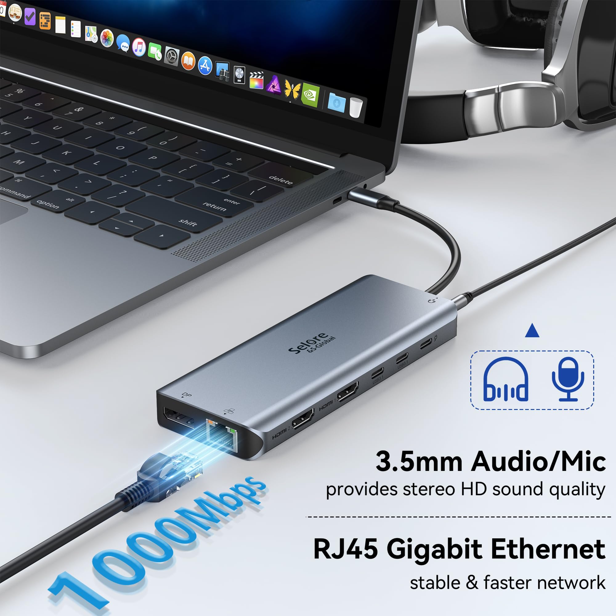 Stations d'accueil USB C Double Moniteur Docking Station, 13 en 1 Dock USB C Dual HDMI, HUB Macbook Pro, DisplayPort, USB 3.2 Gen 2, PD 100W, RJ45, Audio, HUB USB C 2HDMI pour HP Dell PC Portable