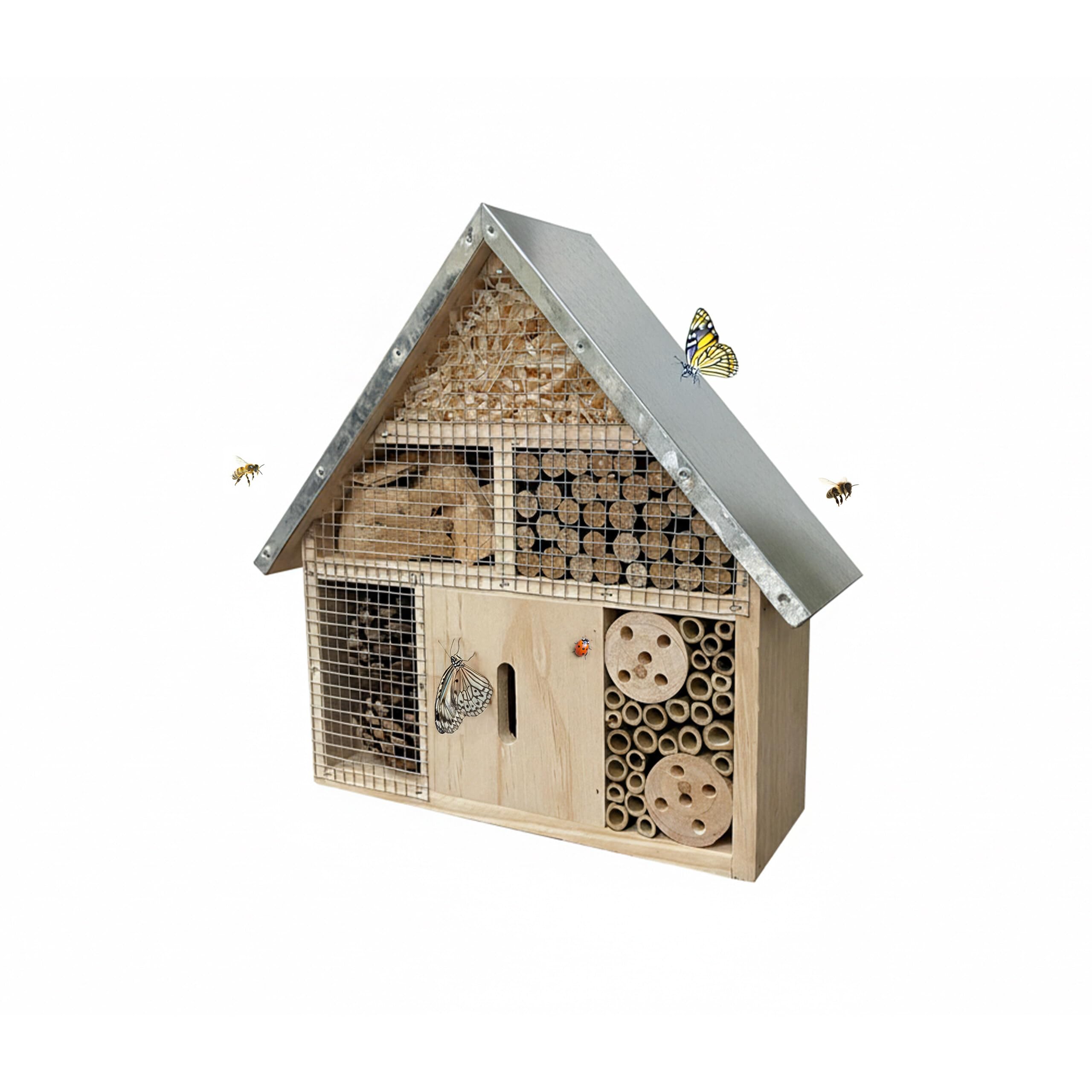Relaxdays Insect Hotel with Weatherproof Metal Roof, 28x30x9cm, Hanging Natural/Silver