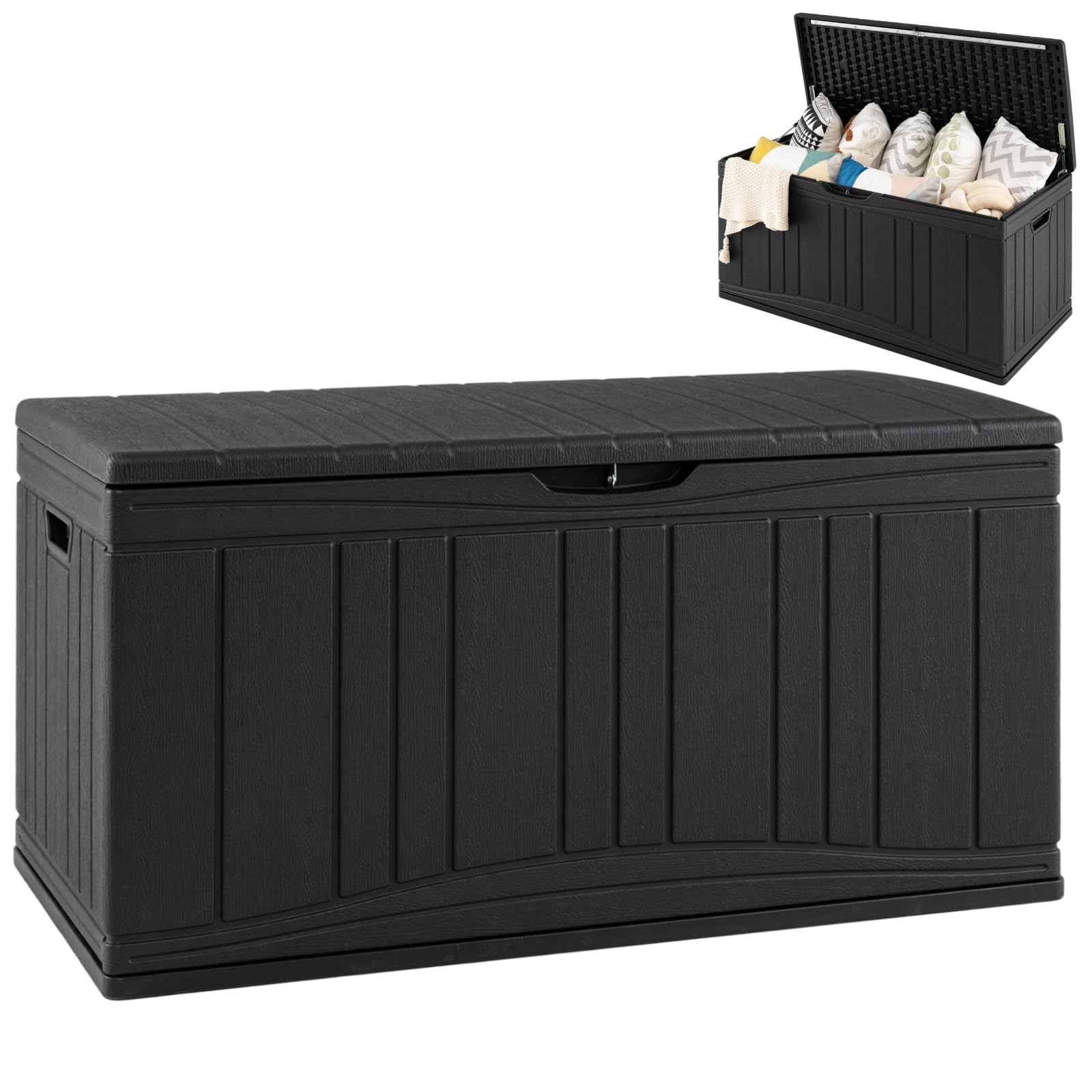 COSTWAY 300L/380L Garden Storage Box, Waterproof Resin Deck Box Bench with Lockable Lid & Side Handles, Wood Texture Outdoor Patio Storage Container for Cushion Tool Toy (Black,300L)